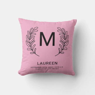 Monogram Birth Stats Newborn Baby Throw Pillow