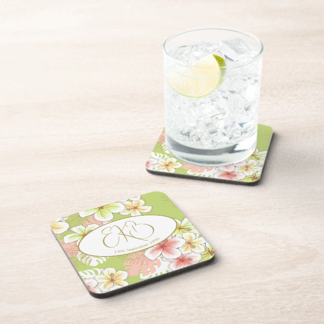 Monogram Birthday Elegant Tropical  Beverage Coaster (Right Side)