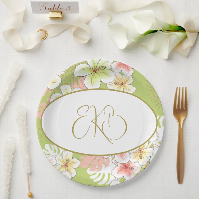 Monogram Birthday Elegant Tropical  Paper Plates (Wedding)