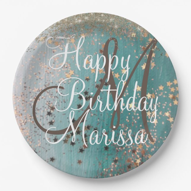 Monogram Birthday Gold Stars on Teal  Paper Plates (Front)