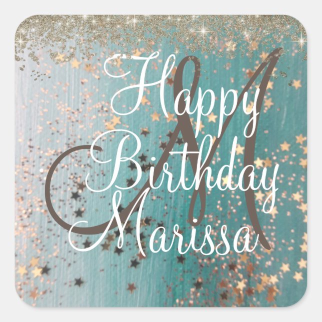 Monogram Birthday Gold Stars on Teal   Square Sticker (Front)