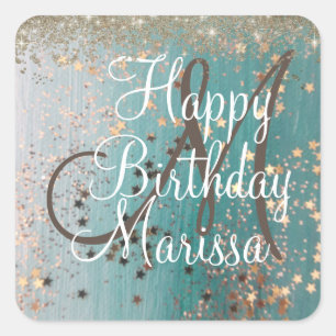 Monogram Birthday Gold Stars on Teal Square Sticker