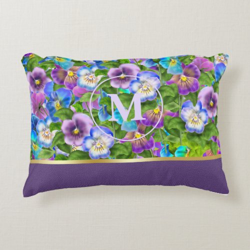 Monogram Birthday Pansy Violet Flowers Watercolor Accent Pillow