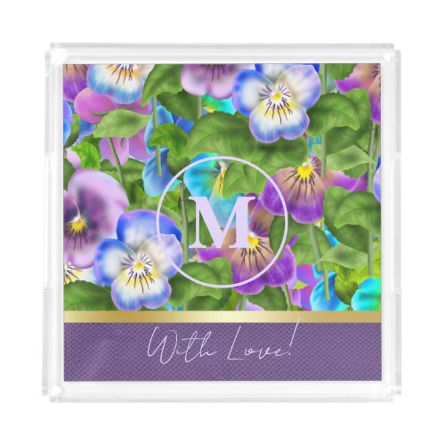 Monogram Birthday Pansy Violet Flowers Watercolor Acrylic Tray