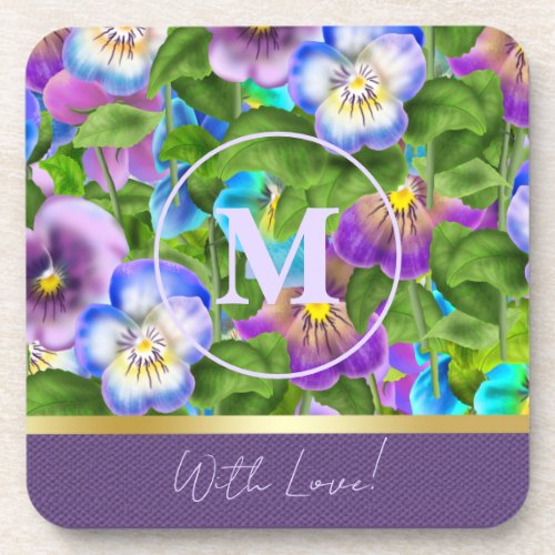 Monogram Birthday Pansy Violet Flowers Watercolor Beverage Coaster