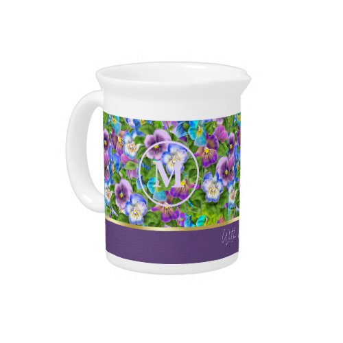 Monogram Birthday Pansy Violet Flowers Watercolor Beverage Pitcher