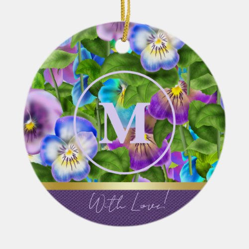 Monogram Birthday Pansy Violet Flowers Watercolor Ceramic Ornament