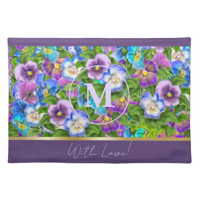 Monogram Birthday Pansy Violet Flowers Watercolor Cloth Placemat (Front)