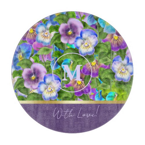 Monogram Birthday Pansy Violet Flowers Watercolor Cutting Board