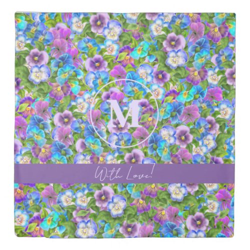 Monogram Birthday Pansy Violet Flowers Watercolor Duvet Cover