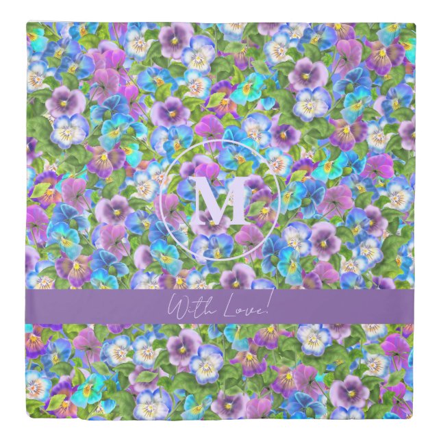 Monogram Birthday Pansy Violet Flowers Watercolor Duvet Cover (Front)
