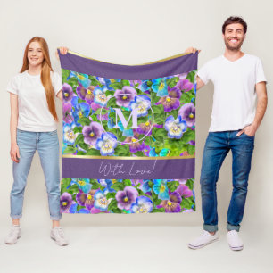 Monogram Birthday Pansy Violet Flowers Watercolor Fleece Blanket