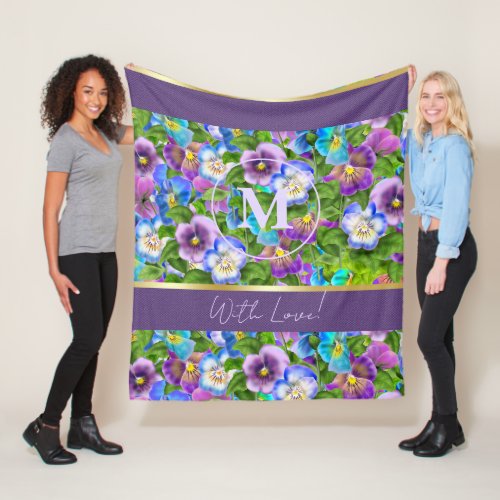 Monogram Birthday Pansy Violet Flowers Watercolor Fleece Blanket