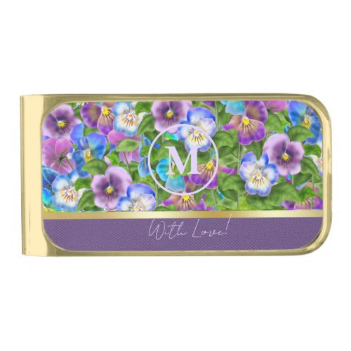 Monogram Birthday Pansy Violet Flowers Watercolor Gold Finish Money Clip