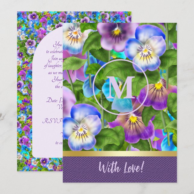 Monogram Birthday Pansy Violet Flowers Watercolor Invitation (Front/Back)