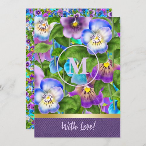 Monogram Birthday Pansy Violet Flowers Watercolor Invitation