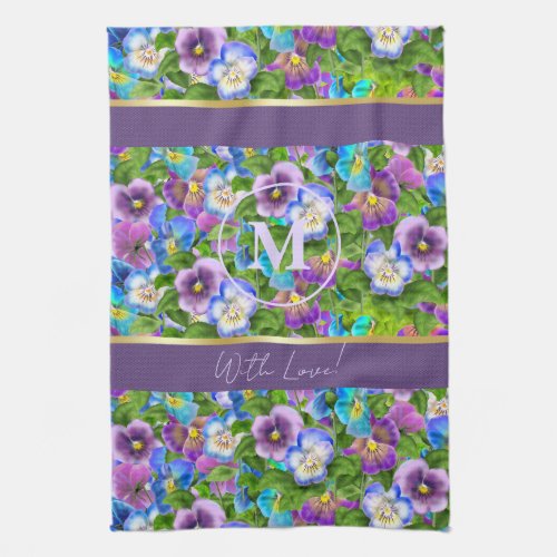 Monogram Birthday Pansy Violet Flowers Watercolor Kitchen Towel