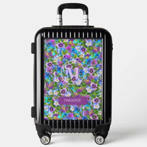 Monogram Birthday Pansy Violet Flowers Watercolor Luggage
