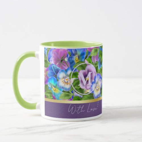 Monogram Birthday Pansy Violet Flowers Watercolor Mug
