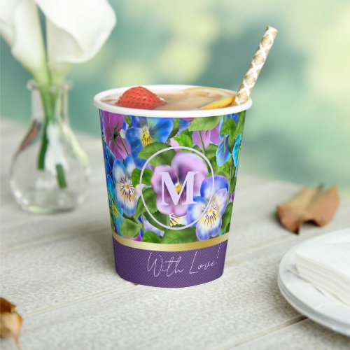 Monogram Birthday Pansy Violet Flowers Watercolor Paper Cups