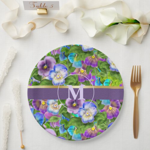 Monogram Birthday Pansy Violet Flowers Watercolor Paper Plates