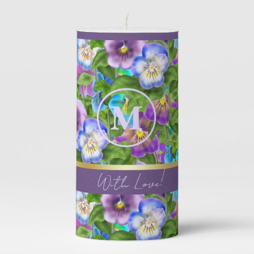 Monogram Birthday Pansy Violet Flowers Watercolor Pillar Candle