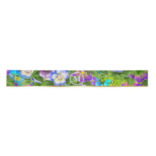 Monogram Birthday Pansy Violet Flowers Watercolor Satin Ribbon