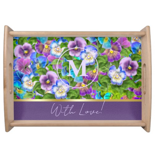 Monogram Birthday Pansy Violet Flowers Watercolor Serving Tray