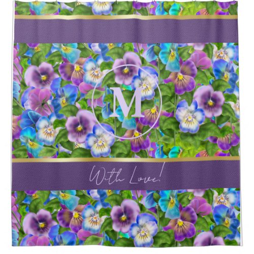 Monogram Birthday Pansy Violet Flowers Watercolor Shower Curtain