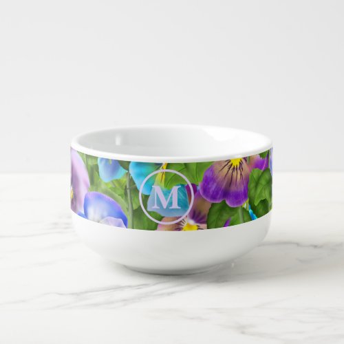Monogram Birthday Pansy Violet Flowers Watercolor Soup Mug