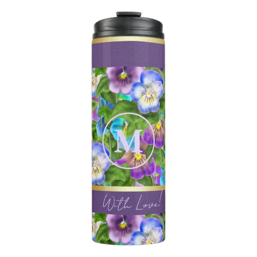 Monogram Birthday Pansy Violet Flowers Watercolor Thermal Tumbler