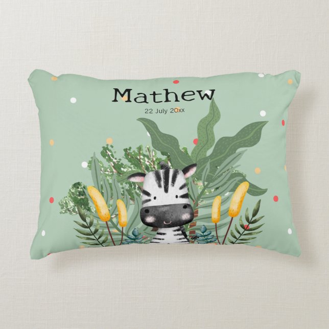 Monogram Birthday Zebra and jungle l Nursery Green Accent Pillow (Front)