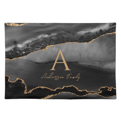 Monogram Black Agate Family Name Cloth Placemat