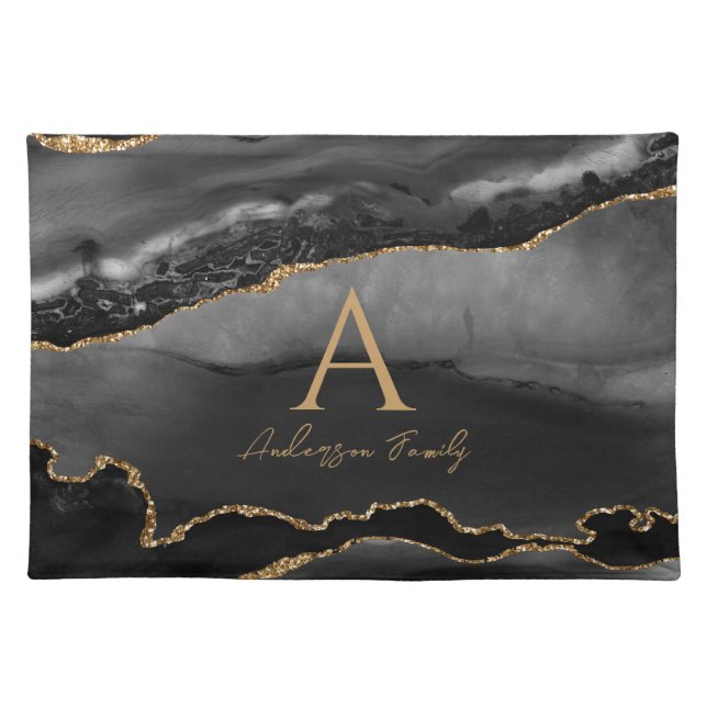 Monogram Black Agate Family Name Cloth Placemat (Front)
