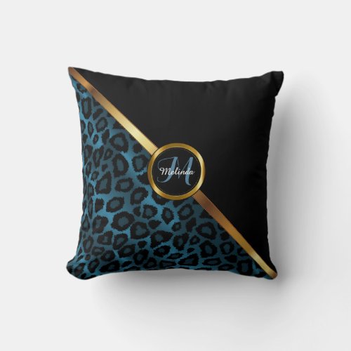 Monogram _ Black and Blue Leopard Print Throw Pillow