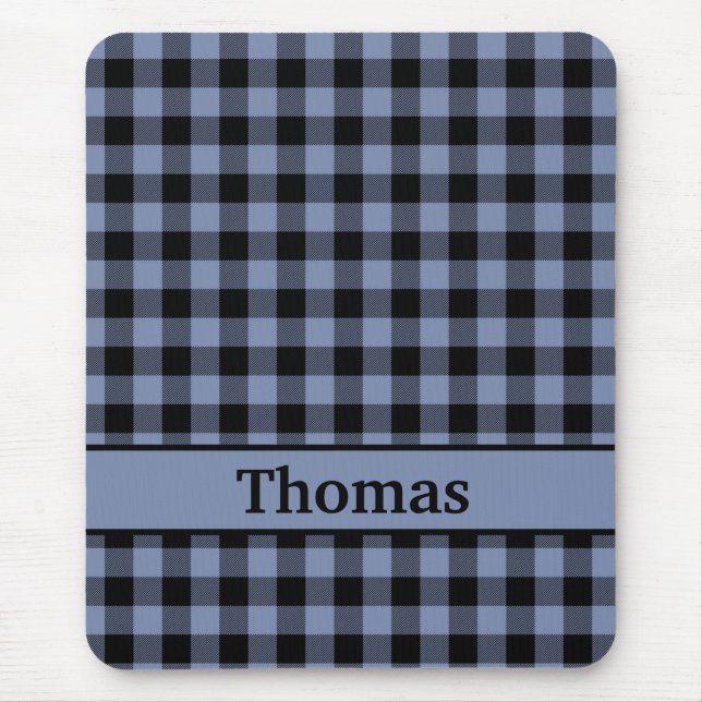 Monogram Black and Blue Plaid, Buffalo Plaid Mouse Pad (Front)