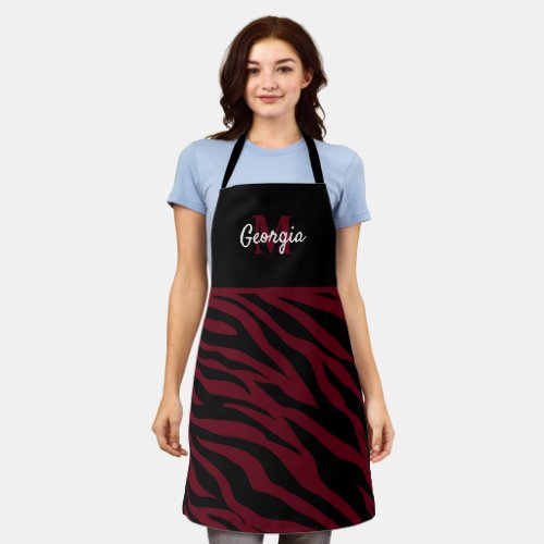 Monogram Black and Burgundy Zebra Stripes Apron