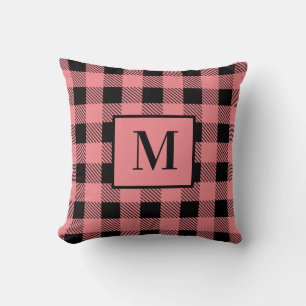 Monogram Black and Coral Peach Pink Plaid Throw Pillow