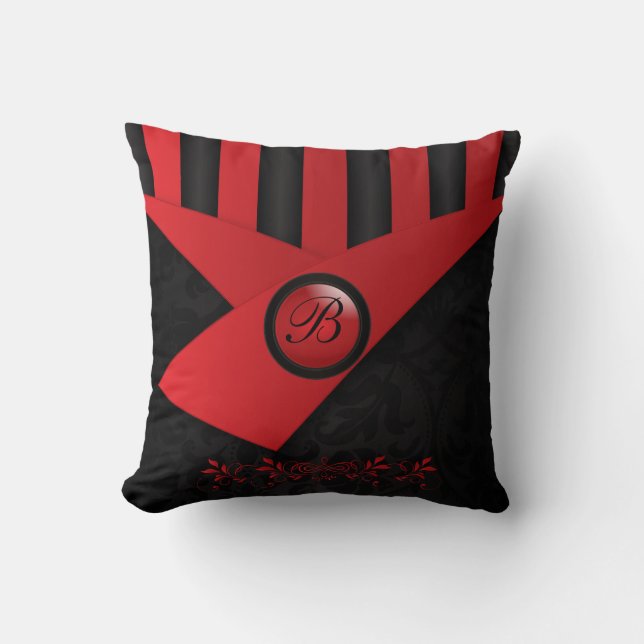 Monogram Black and Deep Red Elegance Throw Pillow (Front)