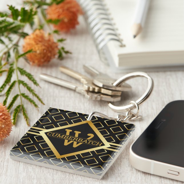 MONOGRAM BLACK and FAUX Gold Geometric Pattern Keychain (Front Right)