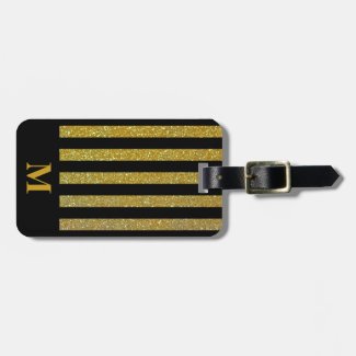 Monogram Black and Faux Gold Glitter Stripe Luggage Tag