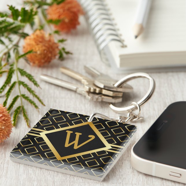 monogram black and faux gold stripes initial only keychain (Front Right)