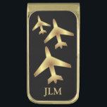 Monogram Black and Gold Airplane Gold Finish Money Clip<br><div class="desc">🥇AN ORIGINAL ART DESIGN by Donna Siegrist ONLY AVAILABLE ON ZAZZLE! Black and Gold Airplane Money Clip ready for you to personalize with your initials. 💲✔NOTE: ONLY CHANGE THE TEMPLATE AREAS NEEDED! 😀 If needed, you can remove the text and start fresh adding whatever text and font you like. 📌If...</div>