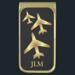 Monogram Black and Gold Airplane Gold Finish Money Clip<br><div class="desc">🥇AN ORIGINAL ART DESIGN by Donna Siegrist ONLY AVAILABLE ON ZAZZLE! Black and Gold Airplane Money Clip ready for you to personalize with your initials. 💲✔NOTE: ONLY CHANGE THE TEMPLATE AREAS NEEDED! 😀 If needed, you can remove the text and start fresh adding whatever text and font you like. 📌If...</div>