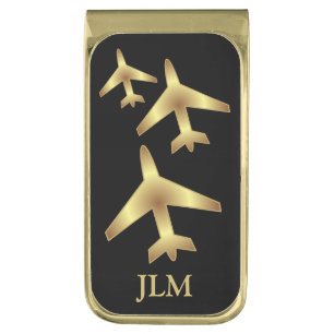 Monogram Black and Gold Airplane Gold Finish Money Clip