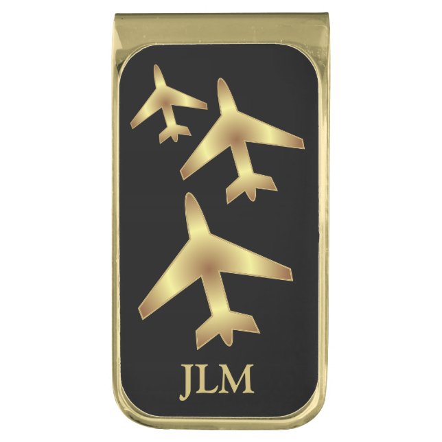 Monogram Black and Gold Airplane Gold Finish Money Clip (Front Vertical)