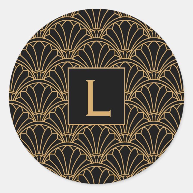 Monogram Black and Gold Art Deco Fan Flowers Motif Classic Round Sticker (Front)