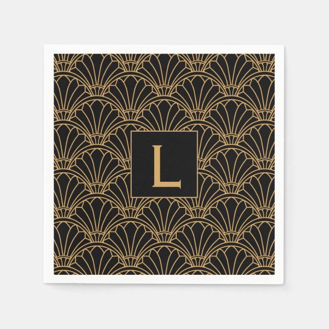Monogram Black and Gold Art Deco Fan Flowers Motif Napkins (Front)