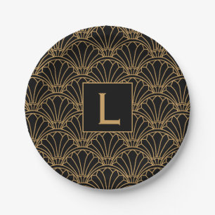 Monogram Black and Gold Art Deco Fan Flowers Motif Paper Plates
