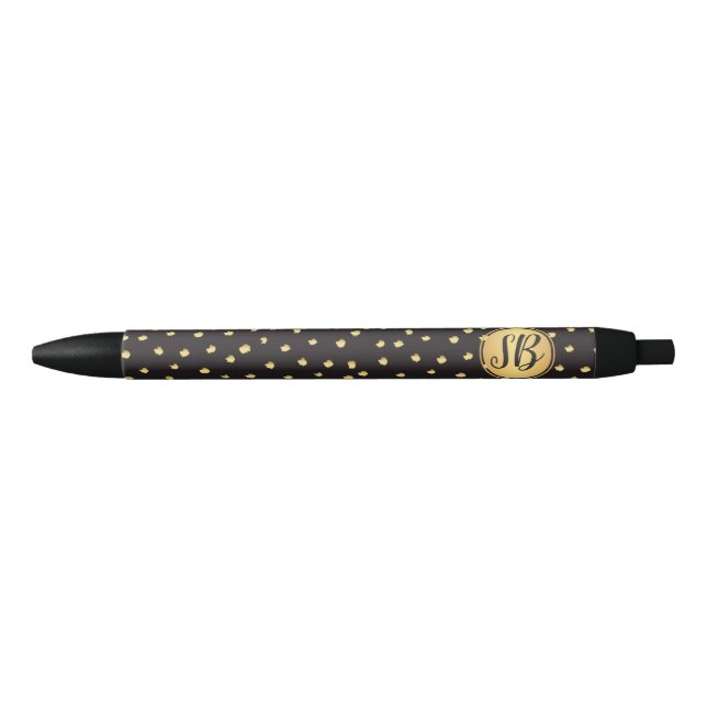 Monogram, Black and gold brush strokes polka dots Pen (Front)